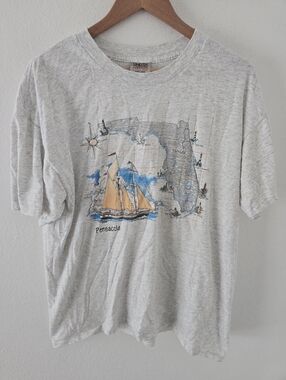Vintage Pensacola Florida Sailboat Map Beaches Oneita Mens XL Compass Gray